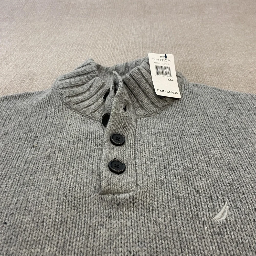 Nautica Sweater Mens 2XL Gray Mock‎ Neck Henley Button Knit Pullover Long Sleeve